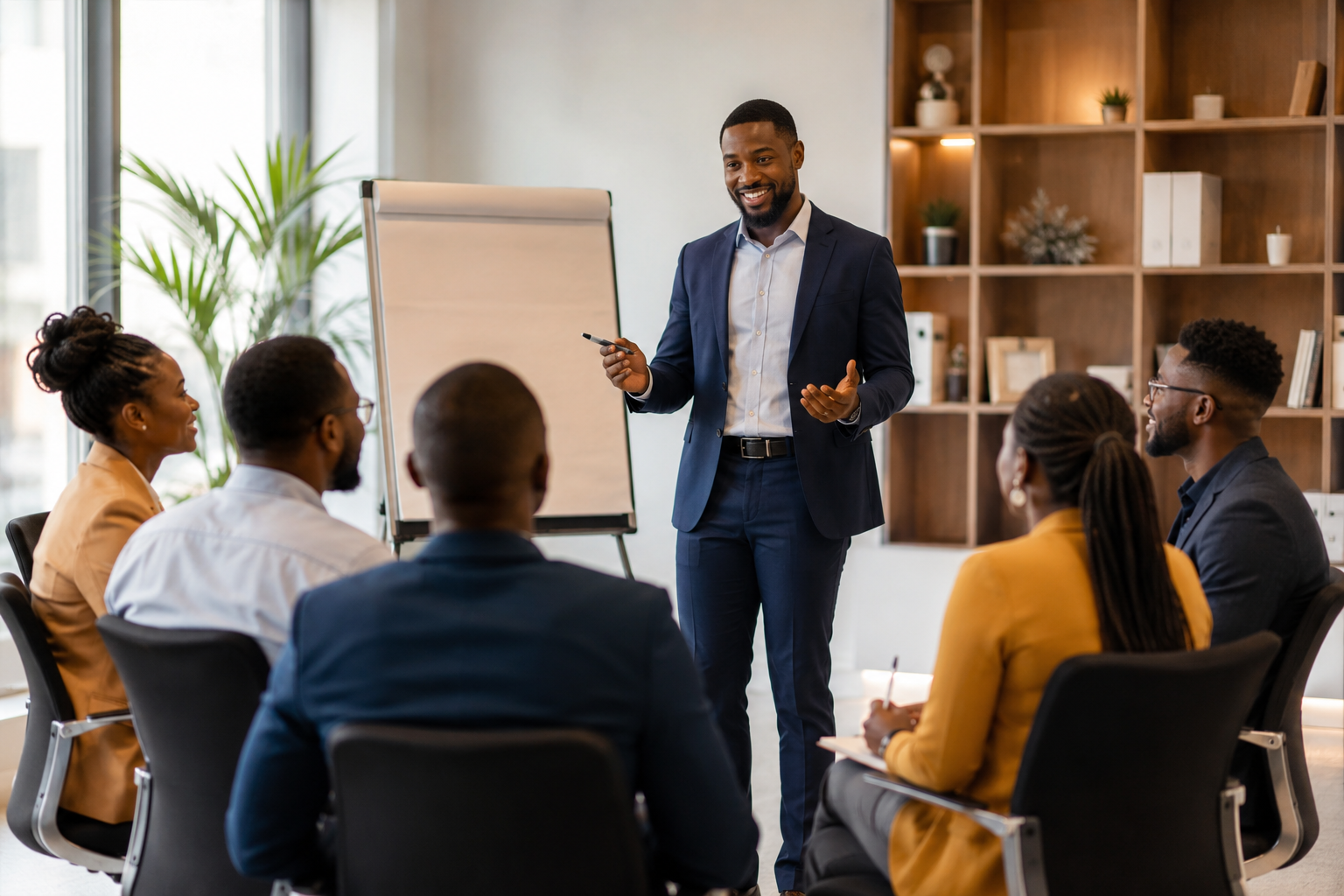 Séance de coaching en leadership au tableau blanc